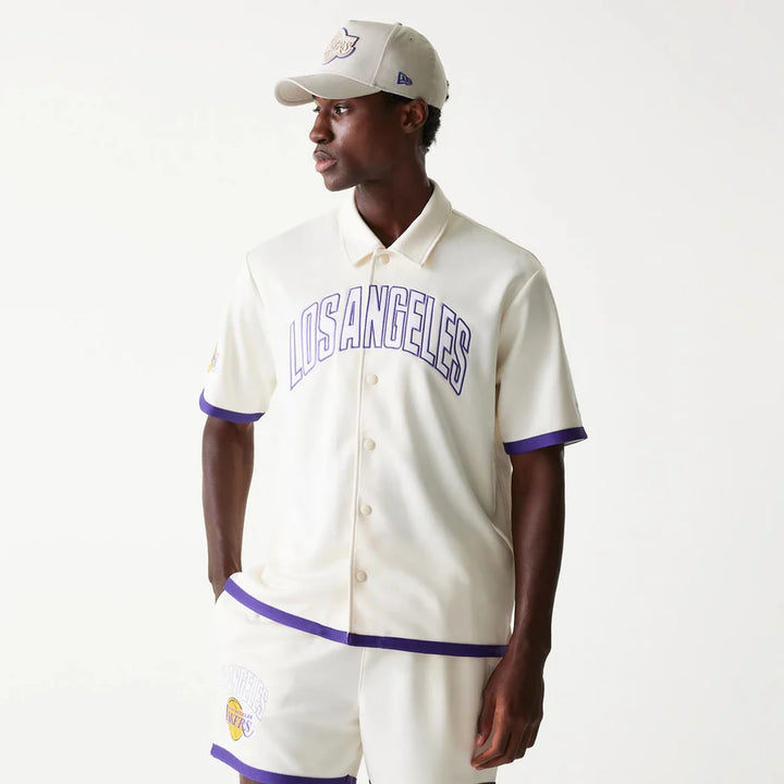 New era Camisa Manga Corta LA Lakers NBA Snap Button Open Blanco